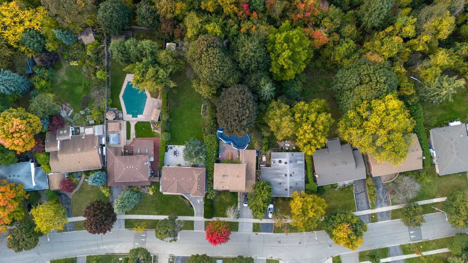 Aerial view of a residential neighborhood dotted with backyard swimming pools